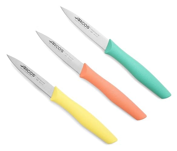 Arcos Paring Knife Set of 3 Pieces 4 Inch Stainless Steel. Colorful Kitchen Knives for Peeling Fruits and Vegetables. Ergonomic Polypropylene Handle. Series Nova. Color Orange, Yellow and Blue. - Image 1