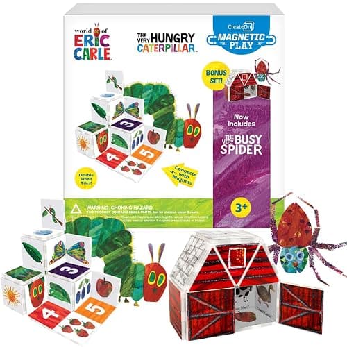 CreateOn Eric Carle The Very Hungry Caterpillar & Bonus Very Busy Spider Playset, Magnetic Building Toys, Educational, STEM and Montessori Tools, Magnetic Tiles for Kids Ages 3+, 24 Pieces - Image 1