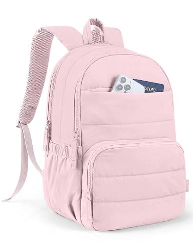 Uselike Travel Backpack for Women, 15.6 Inch Laptop Backpack, Quilted College Bookbag, Cute Work Backpacks, Water Resistant (Light Pink) - Image 1