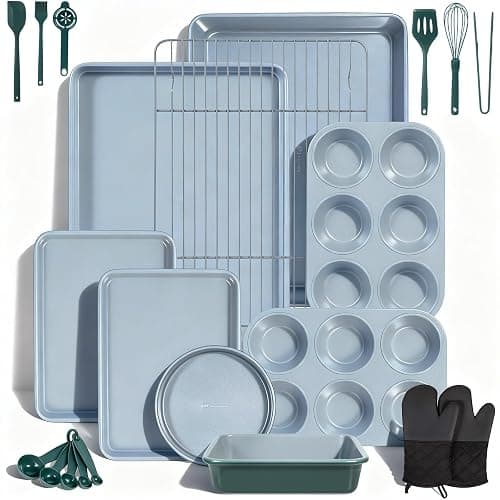 Ammeloo 22-Piece Baking Pans Set Stackable Bakeware Non Stick Baking Set Non Toxic Oven Pans, Including Roasting Pan, Cookie Sheets, Muffin Pans, Cake Pans, Oven Mitt and Utensils(Gray & Hunter Green) - Image 1
