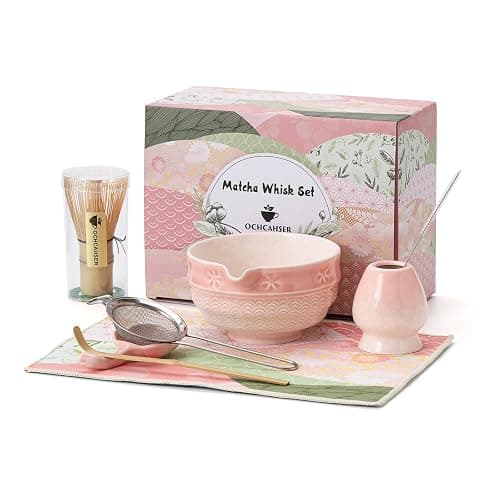 Matcha Tea Set, 8 Pcs Japanese Matcha Kit with Cherry Blossom and Wave Design Ceramic Bowl, Bamboo Whisk, Whisk Holder, Scoop, Sifter, Brush, Matcha Kit Set for Matcha Lovers (Pink Gradient) - Image 1