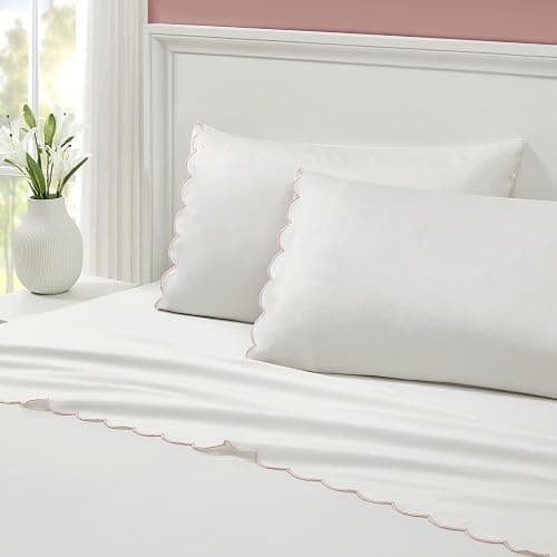 Peri Home Twin Size Sheet Set, 3 Piece Bed Sheets, Breathable Soft 300 TC 100% Cotton with Embroidered Scalloped Edge, 1 Flat Sheet, 1 Fitted, 1 Pillowcase, Twin, White with Pink Scallop | Breathable Soft 300 TC, Embroidered Scalloped Edge, Flat, Fitted, Pillowcase - Image 1