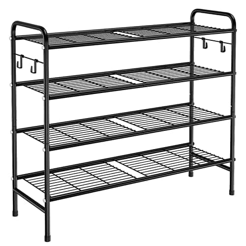 VILICK 4-Tier Shoe Rack 33" Wide Metal Shoe Organizer Long Shoe Storage with 4 Side Hooks Sturdy Shoes Shelf for Closet, Front Door Entrance, Garage, Dorm, Black - Image 1