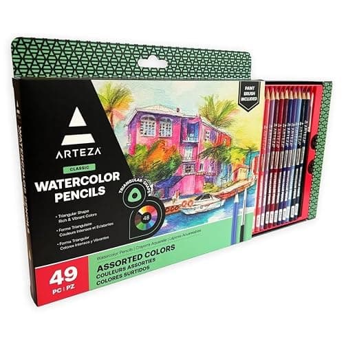 Arteza Watercolor Colored Pencils For Adult Coloring, Set of 49 Presharpened, Triangular-Shaped Drawing Pencils for Teens and Adults, Art Supplies for Sketching and Painting - Image 1