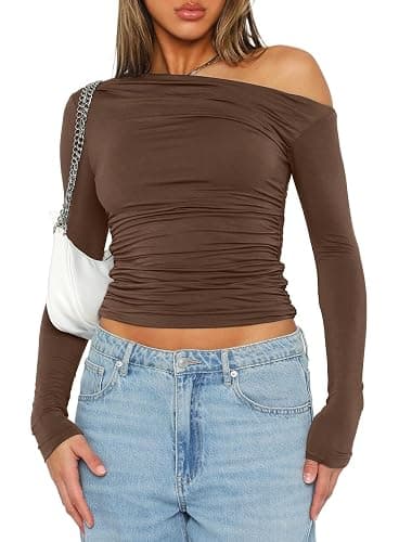 Darong Women's Casual Long Sleeve Boat Neck Off Shoulder Slim Fit Crop Top Going Out Blouses Y2K Tight Shirts - Image 1