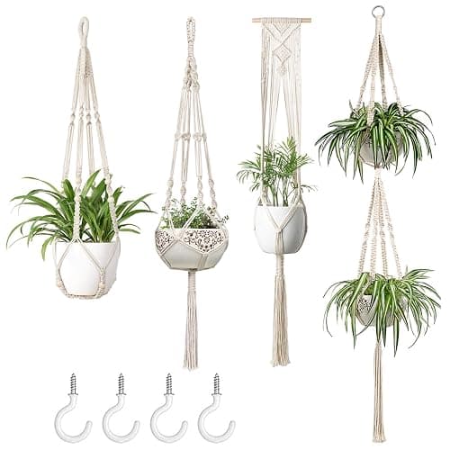 Mkono Macrame Plant Hangers Set of 4 Indoor Hanging Planter Basket Wall Decorative Flower Pot Holder with 4 Hooks for Indoor Outdoor Home Decor Gift Box, Ivory - Image 1