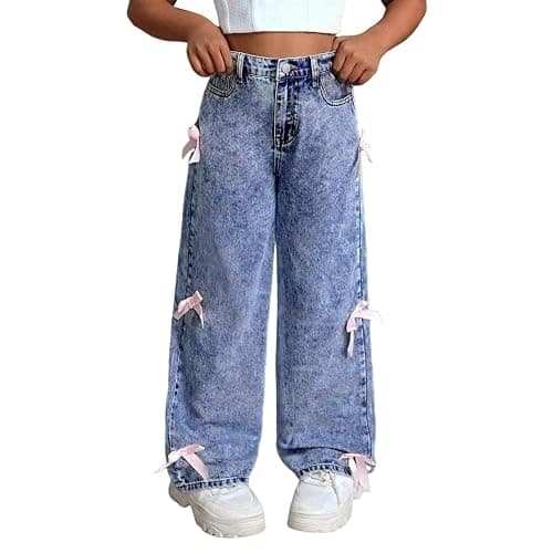 Godalithic Bow Jeans for Girls Wide Leg Kids Baggy Flare Denim Pants High Waisted Cute Clothes Y2k Outfits with Pockets 6-14Y - Image 1