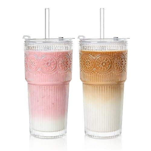 SoulTimes 20oz Ribbed & Floral Glass Tumbler Set of 2 – Reusable Glass Cups with Lid and Glass Straw, Iced Coffee Cups for Water, Smoothie, Milk, Cocktail & More – Perfect for Daily Use & Travel - Image 1