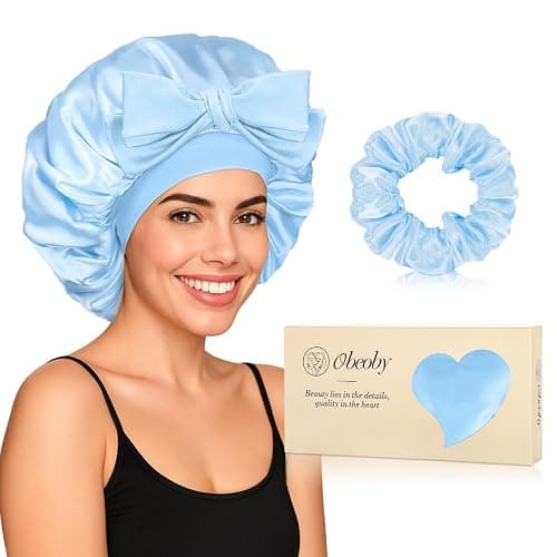 Obeoby Satin Silk Sleep Bonnet for Women, Double-Layer Hair Bonnets with Adjustable Tie Band for Curly Natural Wavy Hair Holiday Birthday Gifts (Blue,Extra Large) - Image 1