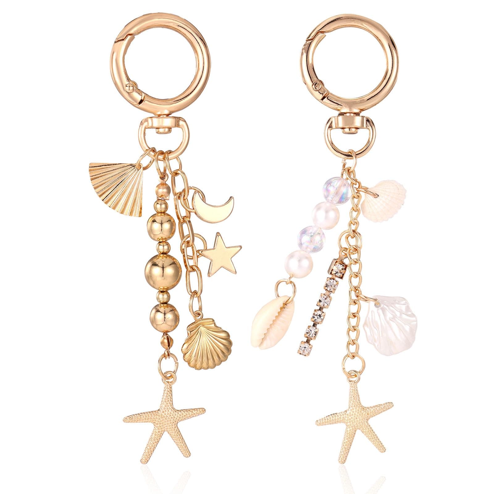Mikovivi 2pcs Beach Keychains for Women, Gold Plated Starfish Shell Key Chains Beach Bag Charms with Coastal Theme Accessories for Your Summer Travel Bag (2 Styles) - Image 1