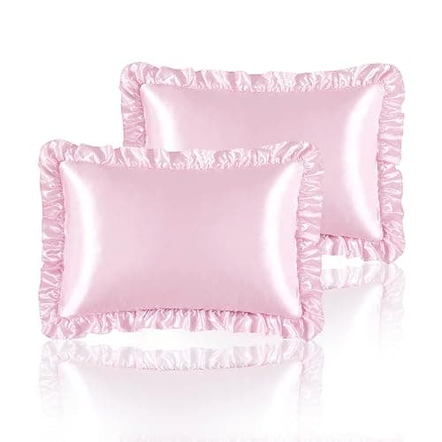 HommxJF Silky Satin Ruffled Pillow Cases for Hair and Skin,Pink Silk Pillowcases Queen Set of 2 with Envelope Closure Princess Room Decoration - Image 1