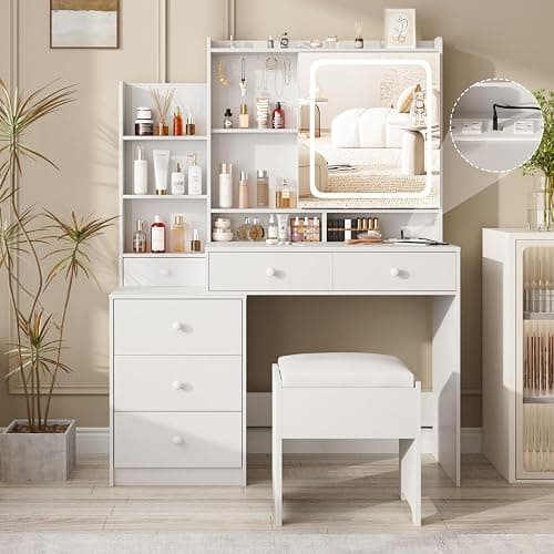 Halitaa White Vanity Desk Set with Led Mirror,Makeup Vanity Table with Power Strip,Dressing Table with Stool & Lots Drawers,3 Lighting Color Mirror,Brightness Adjustable - Image 1