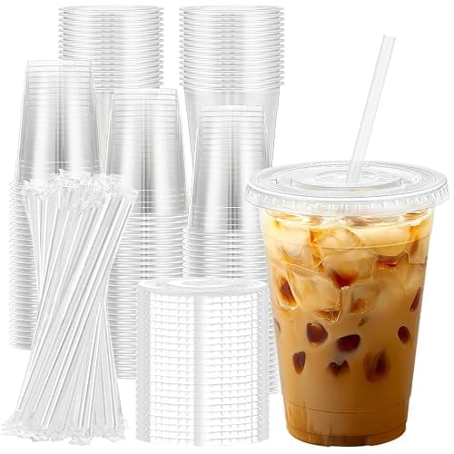 Lamosi 100 Pack 16 oz Clear Plastic Cups with Lids and Straws, Disposable Plastic Coffee Cups with Lids for Iced Coffee, Cold Beverages, Smoothies and To-Go Drinks - Image 1
