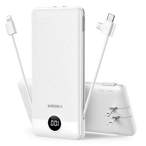 VEGER Portable Charger, 10000mAh Power Bank with Built-in Cables&Wall Plug, USB C Phone Chargers 5 Outputs 2 Inputs Travel Essentials, Slim External Battery Pack Compatible with iPhone, Android(White) - Image 1