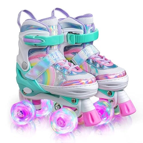 SULIFEEL Rainbow Unicorn 4 Size Adjustable Light up Roller Skates for Girls Boys for Kids - Image 1