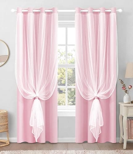TopNaps 100% Blackout Curtains with Sheer Overlay, 2 Panels Thermal Insulated Double Layer Grommet Drapes for Girls Bedroom Living Room Darkening Apartment Windows Decor, 52" W x 84" L, Pink - Image 1