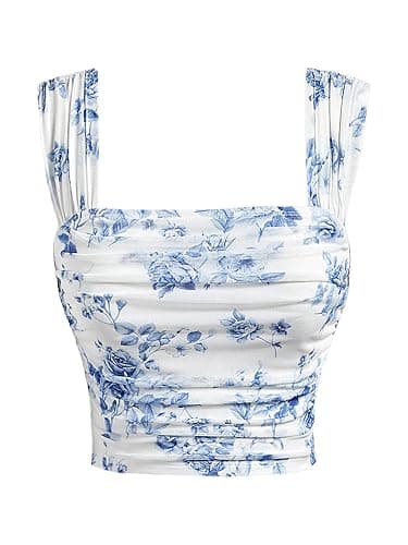 Milumia Girl's Ruched Floral Print Tank Top Square Neck Sleeveless Cropped Tops - Image 1