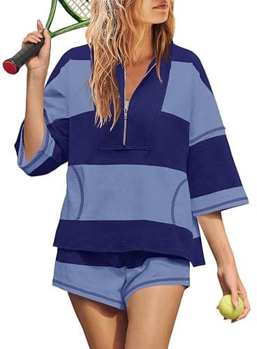 Yanekop Womens 2 Piece Outfits Summer Striped Lounge Set Two Piece Matching Workout Sets Oversized Short Sets Tracksuits - Image 1