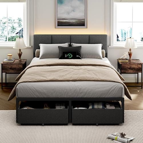 Furnulem Full Size Bed Frame with Headboard, Upholstered Full Bed Frame with LED Light, USB Charging Station, Platform Bedframe with 2 Fabric Underbed Storage Drawers, No Spring Box Needed - Image 1