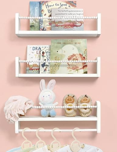 Maxpeuvon Nursery Bookshelves Set of 3, Natural Wood Nursery Floating Shelves Wall Mount Storage Shelf with Towel Bar Hainging Bookshelf for Kids Room Bedroom Living Room Decor, White - Image 1