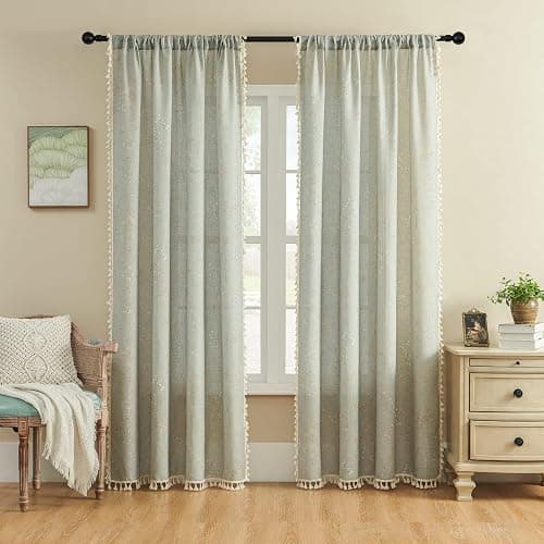 Joydeco Blue Floral Boho Curtains 84 Inch Length 2 Panels, Super Soft Bohemian Farmhouse Curtains with Tassels, Semi Sheer Light Filtering Drapes for Bedroom Living Room (Rod Pocket, 52Wx84L) - Floral 2 - 52"W x 84"L (Pack of 2) - Image 1