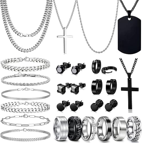 GIFIKOI 30Pcs Jewelry Set for Men Stainless Steel Band Ring Cuban Link Chain Necklace and Bracelet Cross Dog Tag Pendant Necklace Hoop Stud Black Earrings Mens Fashion Jewelry Set - Image 1