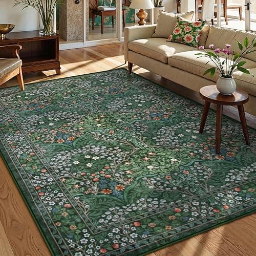 Lahome Floral Dark Green Area Rugs 5x7, Soft Washable Rugs for Living Room Bedroom, Boho Non Slip Low Pile Forest Giverny Carpet for Farmhouse Dining Room Office, Dark Green - Image 1