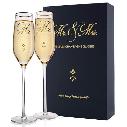 Bride and Groom Champagne Glasses (8 oz), Gold Print Mr and Mrs Glasses for Wedding Glasses and Toasting Flutes, Bridal Shower Gifts, Engagement Gift, Comes with Gift Box and Note Card - Image 1
