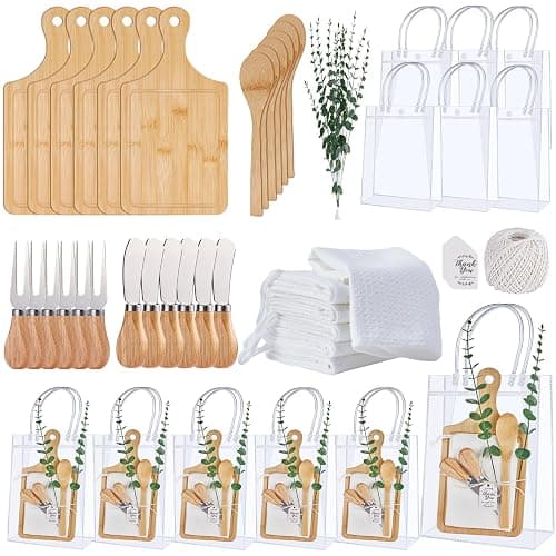 55Pcs Baby Shower Prizes for Game Winners 6 Sets Bamboo Cheese Board Spoon Fork Butter Spreaders Plaid Towel Thank You Card and Gift Bags for Baby Shower Wedding Bridal Shower Favors - Image 1