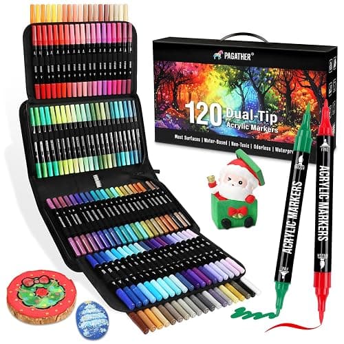 120 Colors Acrylic Paint Markers, Dual Tip Fine and Brush Tips Pens Contain 24 Metallic Color for Stone, Wood, Calligraphy, Canvas, Ceramic, Metal, Glass, Rock Painting, DIY Crafts Art Supplies Kit - Image 1