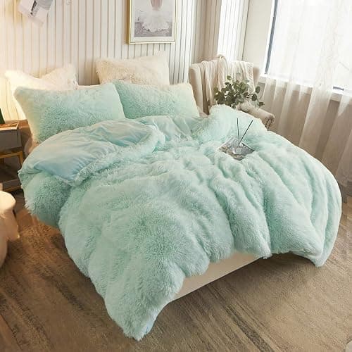 XeGe Plush Shaggy Duvet Cover, Luxury Ultra Soft Crystal Velvet Fuzzy Bedding 1PC(1 Faux Fur Duvet Cover Queen Size), Fluffy Furry Comforter Cover with Zipper Closure(Queen, Aqua Green) - Queen - Aqua Green - Image 1