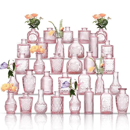 Glass Bud Vases Set of 32 - Pink Assorted Small Mini Glass Vases for Flowers, Crystal Vintage Vase Set, Bulk Centerpieces for Table Décor, Wedding, Home and Events (Pink, 32 Pcs) - Image 1