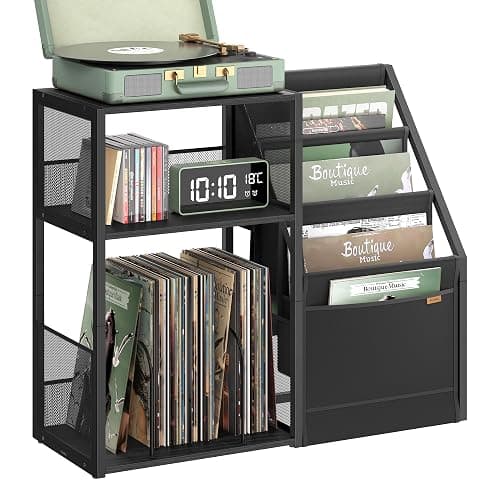 VASAGLE Record Player Stand, 3-Tier Side Table, Vinyl Record Storage up to 140 Albums, End Table for Living Room, Bedroom, Ebony Black ULET276B01 - Ebony Black - Upgraded - Image 1