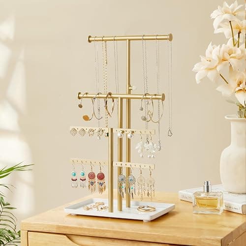 Jewelry Holder Organizer Necklace Display: Metal Aesthetic Room Decor Tree Stand for Necklace Bracelet Hanger and Earrings Storage beautiful jewelry tower for mom wife girlfriend (Gold) - Image 1