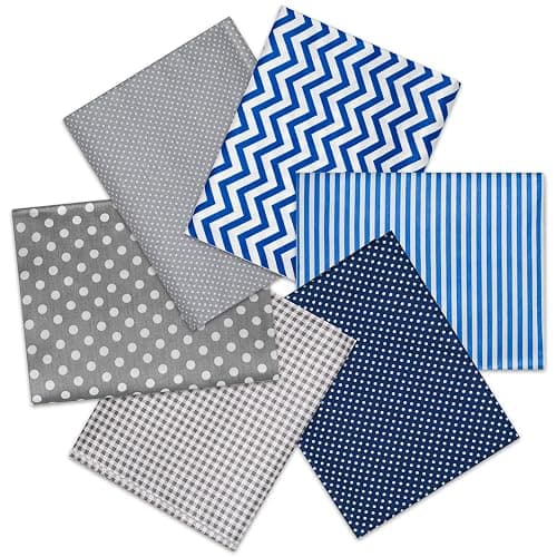 100% Cotton Printed Cloth, Fat Quarters Fabric Bundles, Blue & Grey Stripe, Polka Dot, Wave, Gingham Patterns, 6 Pcs Quilting Patchwork Fabric, 18"x22", for Sewing DIY Crafts - Image 1