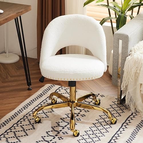 VINGLI Modern Teddy Fluffy Small Office Chair,Cute Desk Chair with Wheels,Gold Base/Studs, Comfy Armless Swivel Vanity Task Chair for Women/Girl/Kids, Nail Tech Chair for Bedroom,Small Space,White - Image 1