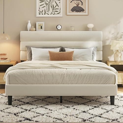 Fluest Queen Bed Frame, Platform Bed Frame with Velvet Upholstered Headboard, No Box Spring Needed, Sturdy Metal Support, Noise Free, Easy Assembly, Modern Bedroom Furniture, Beige - Image 1
