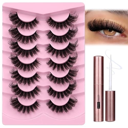 JIMIRE Faux Mink Lashes Volume False Eyelashes with Lash Glue Kit 18MM Dramatic Fluffy Cat Eye Lashes Russian Strip Lashes D Curl Mink Lashes Fluffy 7 Pairs Pack - Image 1