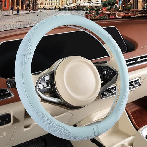 Binsheo Nappa Leather Blue Steering Wheel Cover, Advanced Microfiber Leather Non-Slip Breathable Fabric, Warm in Winter and Cool in Summer, Universal 15 inch - Image 1