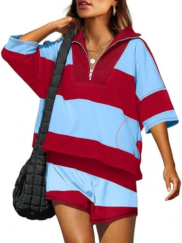 ANRABESS Striped Short Sets for Women 2 Piece Outfits Summer Casual Oversized Workout Athletisure Travel Lounge Matching Sets - Image 1
