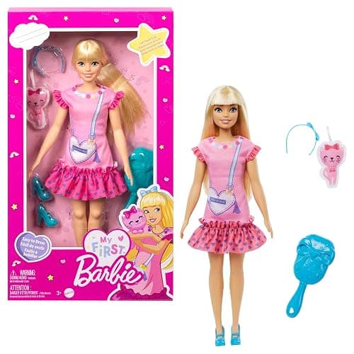 Barbie Doll for Preschoolers, My First Barbie “Malibu” Doll, 13.5 Inch doll, Blonde Hair Kids Toys and Gifts, Plush Kitten, Accessories, Soft Poseable Body, from 3 Years, HLL19 - Image 1