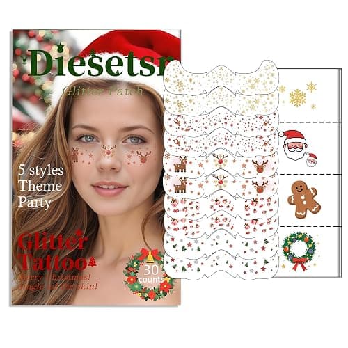 Christmas Glitter Face Tattoo,Diesetsr Body Glitter Temporary Tattoos Patches, Festival Rave Outfits for Women, Sparkle Patches for Kids, Party Christmas Festival Decorations,30 PCS - Image 1