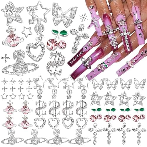 48 Stück Nägel Charms, Y2K Legierung Nail Charms 3D Herz Stern Kristall Glänzende Strasssteine Schmetterling Nageldekoration Zubehör für Nageldesign Nagelanhänger für DIY Nail Art - Image 1