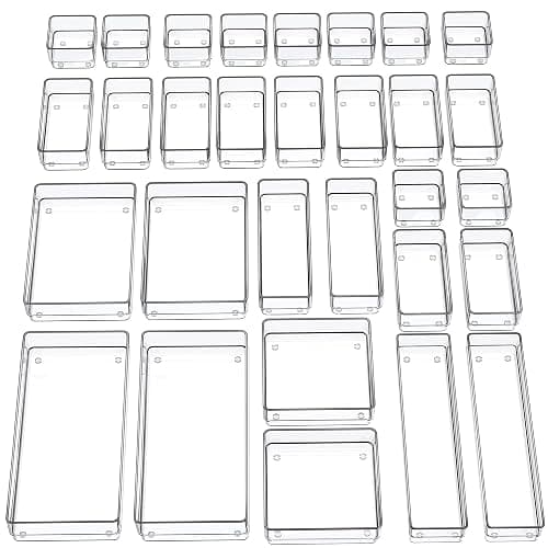 SMARTAKE 30-Piece Drawer Organizer with Non-Slip Silicone Pads, 7-Size Desk Drawer Organizer Trays Storage Tray for Makeup, Jewelries, Utensils in Bedroom Dresser, Office and Kitchen (Clear) - Image 1