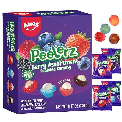 AMOS Peelerz Berry Assortment Gummy Candy 240g | Peelable Fruit-Shaped Gummies Made with Real Fruit Juice | Fun Peeling Snack for Kids & Adults | Peelerz Assorted Gummy Berry Mix (8.47 oz Box) - Image 1