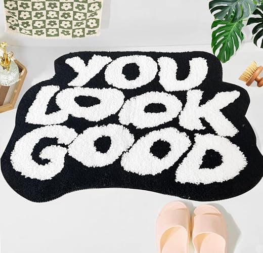 PASUXI You Look Good Bath Mat, Cute Bath Rug for Bathroom, Non-Slip Cool Rugs for Bedroom, Soft and Stylish Bathroom Mats, House Warming Gifts New Home (Black and White, 21" x 29") - Image 1