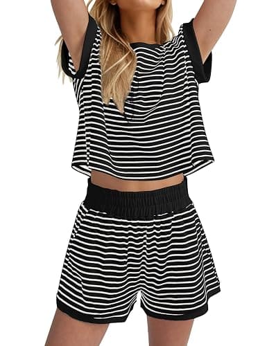 MISSACTIVER 2 Piece Lounge Set Women Stripe Knit Short Sleeve Tee Shirts Shorts Casual Summer Loungewear Shorts Sets - Image 1