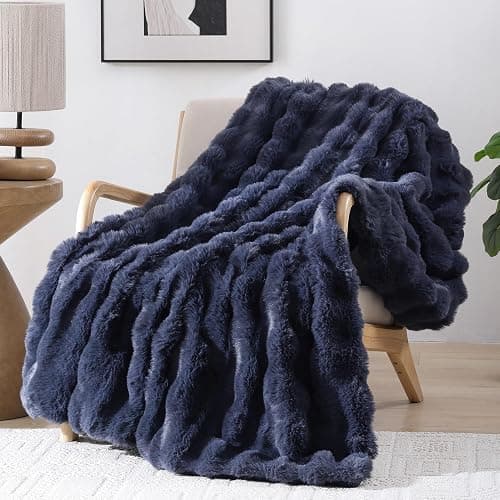 Smoofy Faux Fur Throw Blanket for Couch – Navy Blue Fluffy Cozy Rabbit Fleece, Plush Soft Bubble Blanket for Sofa & Bed, for Mom, Warm Fuzzy Home Room Decor Throw 60" x 80" - Image 1