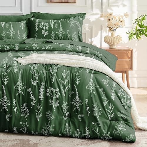 MUXHOMO Dark Green Bed in a Bag Queen 7 Pieces, Queen Comforter Set Reversible Botanical Flowers Design, Ultra Soft & Breathable Bedding Sets with Comforter, Sheets, Pillowcases & Shams - Queen(88"x 88") - Dark Green Leaves - Image 1