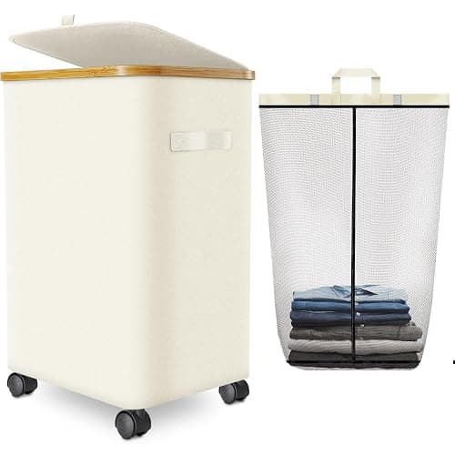 Laundry Hamper with Wheels,20 Gal (75L) Laundry Basket with lid Rolling Clothes Hamper Foldable Dirty Clothes Basket on wheels with Bamboo Frame and Bag for Bedroom, Dorm, Laundry Room-Off White - Image 1